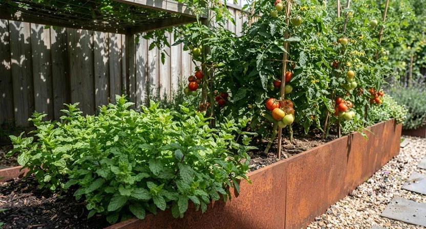 Minzpflanzen wachsen im Halbschatten am Rand eines Hochbeets, während im sonnigen Beetteil Tomaten stehen