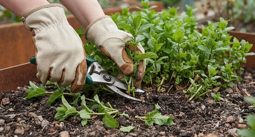 Eine Hand schneidet mit einer Gartenschere Minztriebe bodennah zurück, im Hintergrund bereits nachtreibende junge Blätter