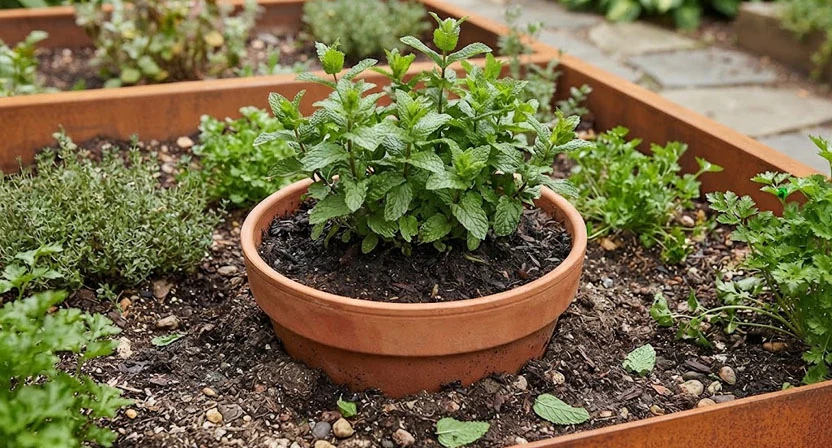 Ein bodenloser Tontopf ist als Wurzelsperre in die Erde eines Hochbeets eingegraben und mit einer Minzpflanze bepflanzt