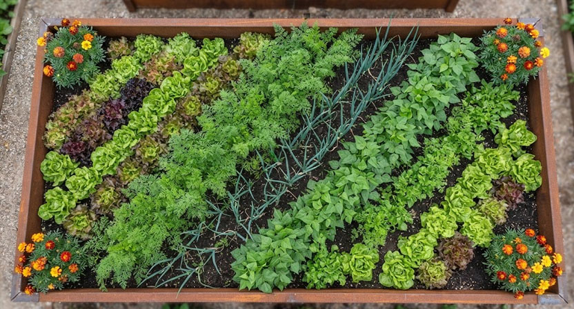 Hochbeet von oben mit gemischter Reihenbepflanzung: Salat, Möhren, Zwiebeln, Buschbohnen und Ringelblumen an den Ecken