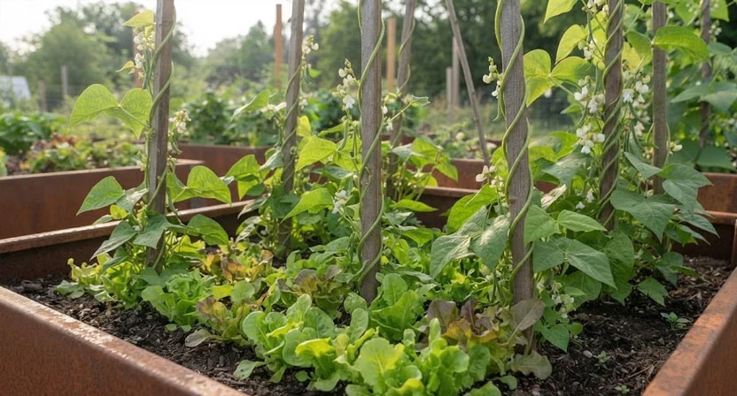 Junger Salat wächst am Fuß hoher Bohnenstangen in einem Hochbeet, während die Stangenbohnen bereits an den Stäben hochranken