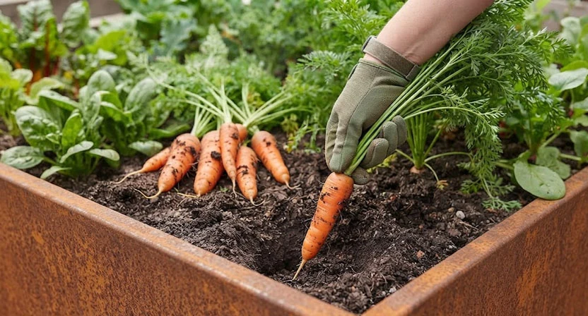 Eine Hand zieht eine reife orangefarbene Möhre samt Kraut aus lockerer Hochbeeterde, mehrere bereits geerntete Möhren liegen daneben