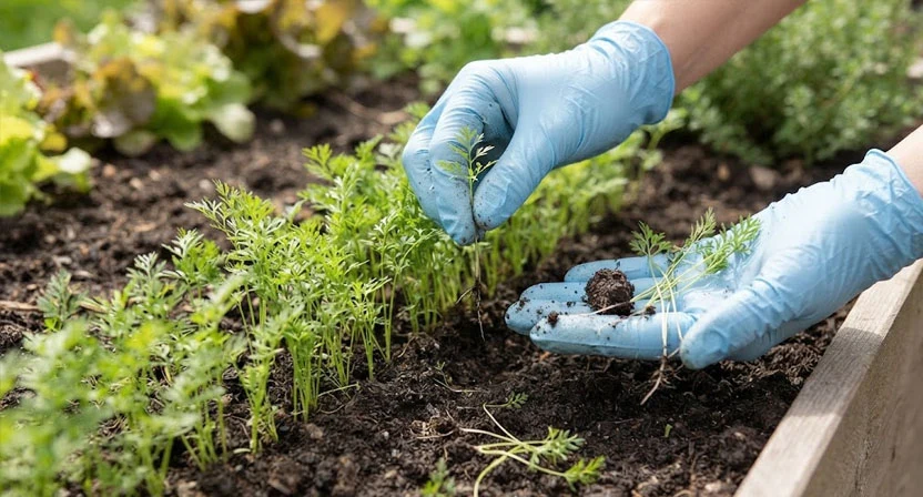 Feine Möhrenkeimlinge mit fadendünnen ersten Blättern stehen dicht in einer Reihe, eine Hand zieht vorsichtig einzelne Pflänzchen heraus