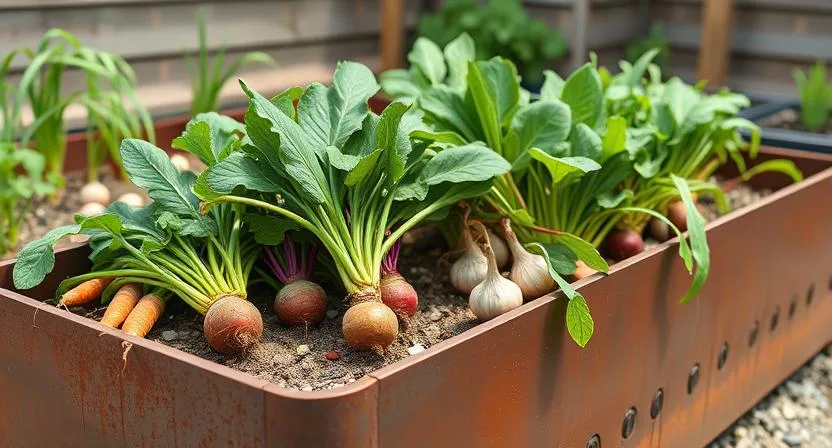 Ein Hochbeet mit Wurzelgemüse wie Karotten, Rüben und Radieschen, die zusammen mit Zwiebeln und Knoblauch wachsen. Mischkultur für natürlichen Schädlingsschutz, biologischer Gartenbau, mittlere Aufnahme.