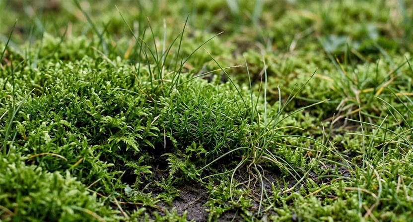 Nahaufnahme von dichten grünen Moospolstern zwischen dünnen, lückigen Grashalmen in einem Rasen