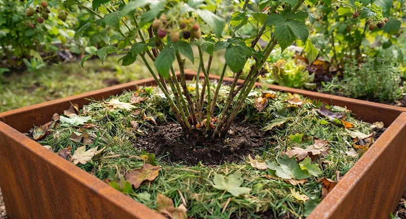Eine lockere Mulchschicht aus Rasenschnitt und Laub liegt um die Triebbasis eines Beerenstrauchs im Hochbeet, mit Abstand zur Rinde