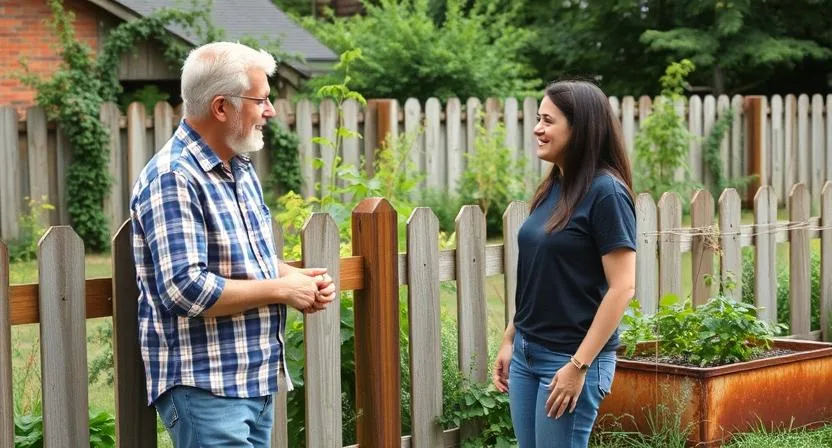 Zwei freundliche Nachbarn unterhalten sich über einen Gartenzaun, mit einem Hochbeet in einem der Gärten. Betonung guter Kommunikation und nachbarschaftlicher Beziehungen.