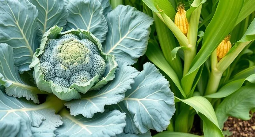 Üppige, große Brokkoli- und Maispflanzen, die kräftig wachsen und den hohen Nährstoffbedarf verdeutlichen. Schnell wachsende Gemüse, gesunder Garten, Sommerernte.