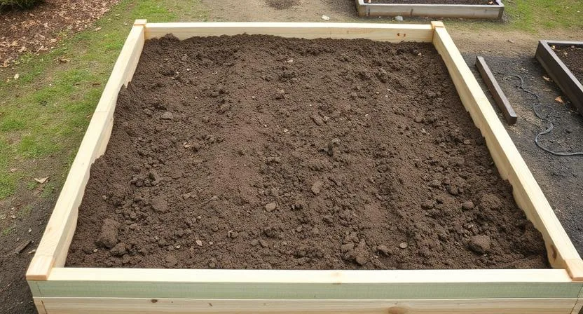 Ein neu gebautes Hochbeet mit frischer Erde, bereit zum Bepflanzen. Erstes Jahr Gartenarbeit, Boden vorbereiten, Frühlingszeit.