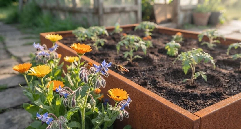 Am Rand eines Hochbeetes blühen Ringelblumen und Borretsch, während eine Schwebfliege vor einer der Blüten in der Luft steht