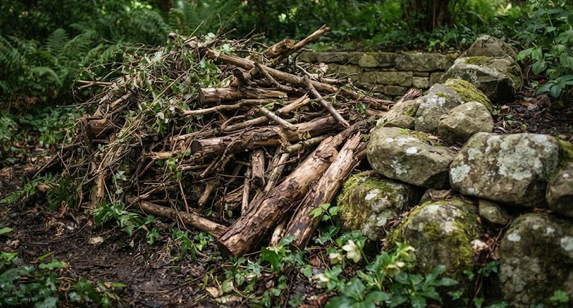 Ein locker geschichteter Haufen aus Reisig und Totholz liegt in einer schattigen Gartenecke neben groben Steinen.