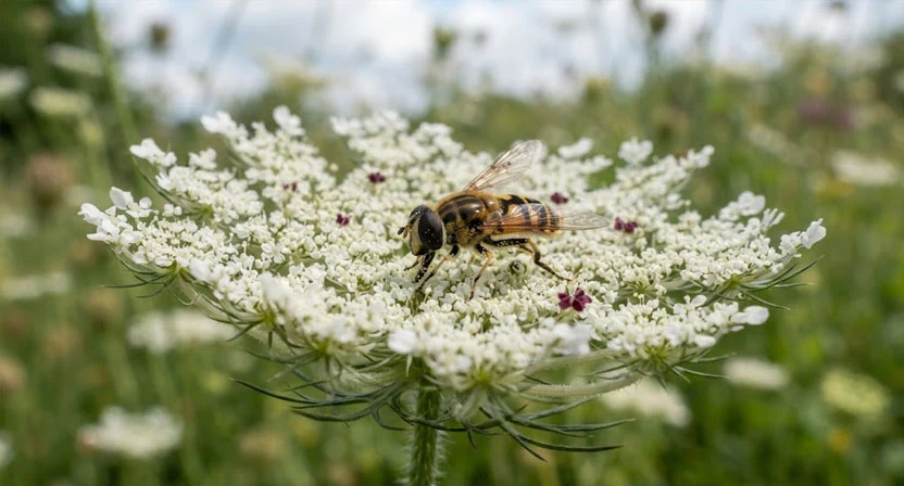 Eine Schwebfliege sitzt auf der weißen Dolde einer blühenden Möhre und nimmt Pollen auf.