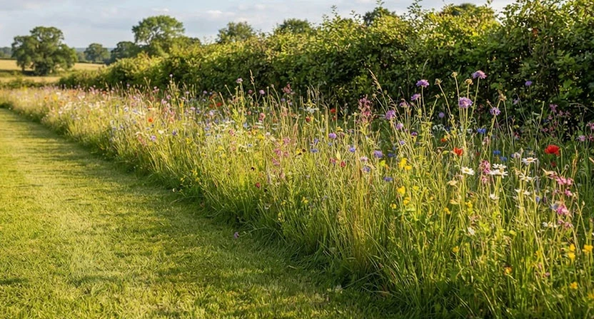 Ein ungemähter Streifen mit hohen Gräsern und blühenden Wiesenkräutern verläuft zwischen kurzem Rasen und einer Hecke.