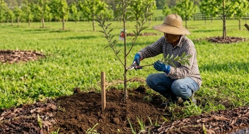 Eine Person schneidet mit einer Gartenschere einen Seitenast eines frisch gepflanzten jungen Obstbaums direkt nach dem Einsetzen zurück