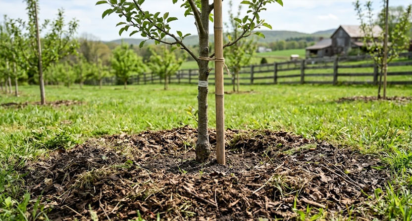 Eine kreisrunde, von Bewuchs freigehaltene Baumscheibe um den Stamm eines jungen Obstbaums, bedeckt mit einer Schicht aus Laub- und Grasmulch im Abstand zur Rinde