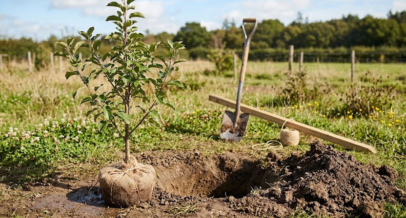 Ein junger Obstbaum mit Ballen steht neben einem frisch ausgehobenen Pflanzloch, im Hintergrund liegen Spaten und ein Pflanzpfahl bereit