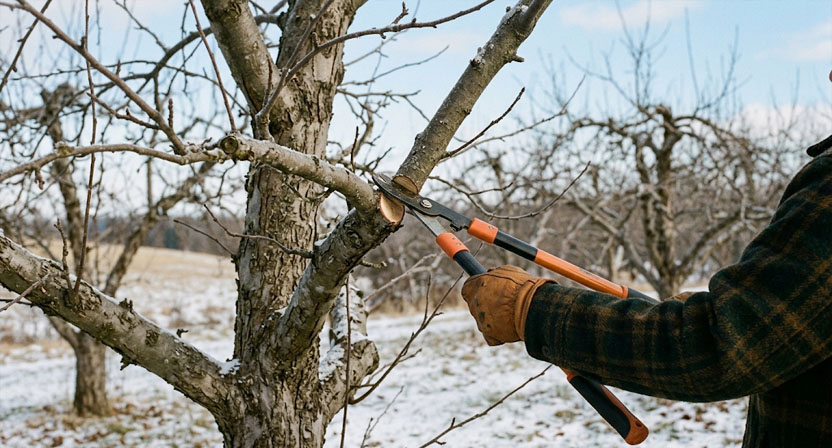 Eine Hand führt eine Astschere an einem kahlen Apfelbaum im Winter und setzt den Schnitt knapp oberhalb einer nach außen zeigenden Knospe