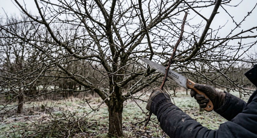 Ein kahler Kirschbaum im Winter mit deutlich sichtbarem Astgerüst, im Vordergrund eine Handsäge, die an einem einzelnen toten Zweig angesetzt ist
