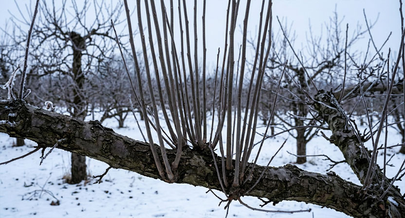 Ein Büschel steil aufrecht stehender, dünner Wassertriebe wächst aus einem älteren, waagerechten Ast eines Obstbaums im Winter
