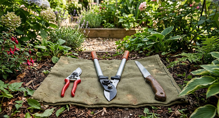 Eine scharfe Handschere, eine Astschere mit Getriebe und eine kleine Handsäge liegen ordentlich nebeneinander auf einem Tuch im Garten
