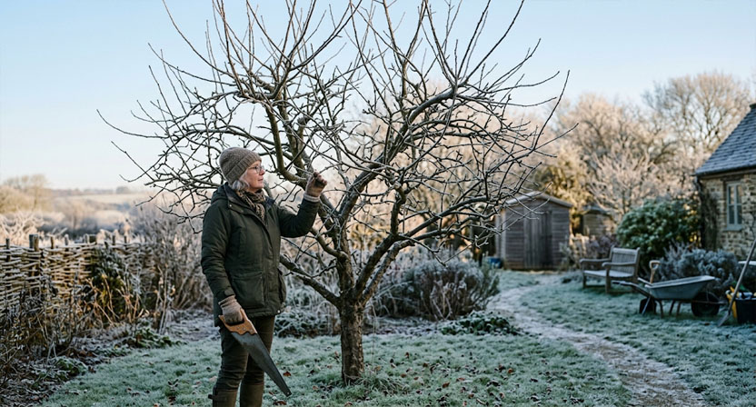 Ein Gartenbesitzer steht mit einer Handsäge vor einem blattlosen Apfelbaum an einem frostigen, klaren Wintermorgen und betrachtet das Astgerüst