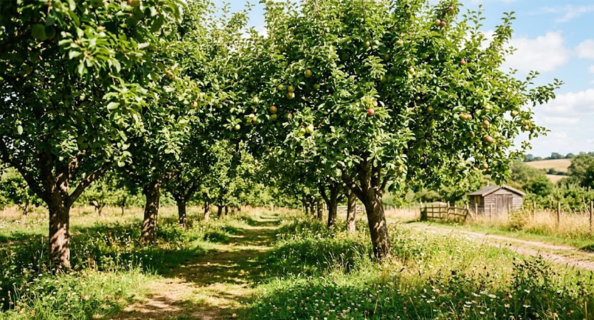 Ein kleiner Obstgarten im Sommer mit mehreren gepflegten, licht durchschnittenen Baumkronen