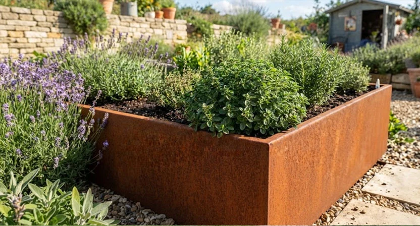 Ein buschiger Oreganostrauch mit kleinen, ovalen, dunkelgrünen Blättern wächst kompakt am sonnigen Rand eines Cortenstahl-Hochbeets