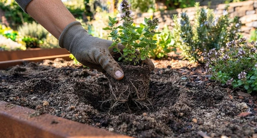 Eine Hand setzt eine junge Oreganopflanze mit leicht gelockertem Wurzelballen in eine magere, sandig durchmischte Hochbeeterde