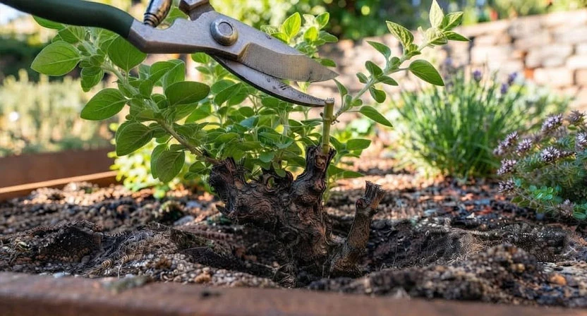 Eine Gartenschere kürzt einen jungen, noch grünen Oreganotrieb knapp über einem gesunden Blattpaar, während die verholzte Basis der Pflanze unberührt bleibt