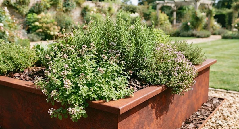 Mehrere Oreganopflanzen stehen in voller Sonne am windoffenen Rand eines Hochbeets neben Rosmarin und Thymian