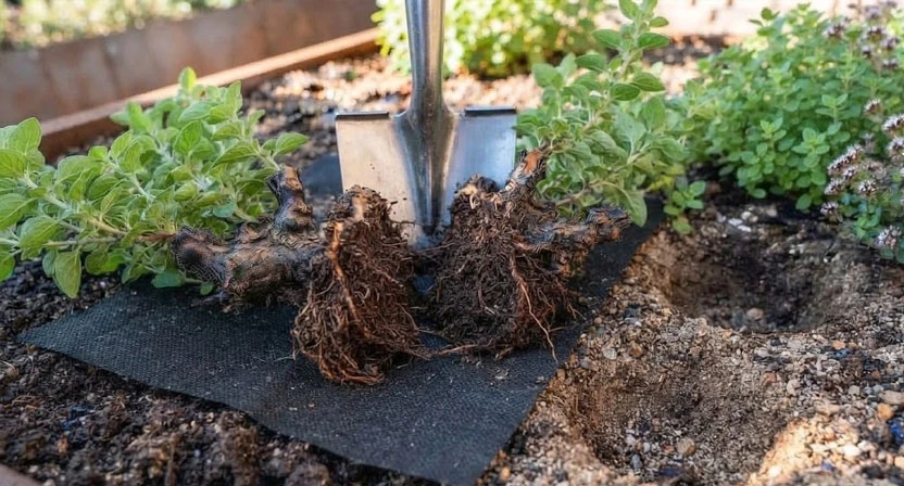 Ein ausgegrabener Oreganowurzelballen wird mit dem Spaten in zwei Teile geteilt, bereit zur Neupflanzung in mageren Boden