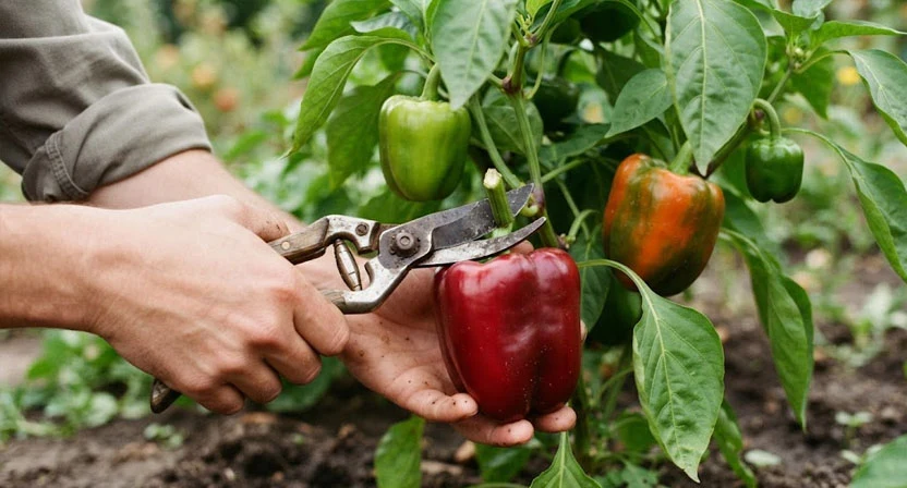 Eine Gartenschere schneidet eine voll ausgereifte tiefrote Paprika mit kurzem Stielstück von der Pflanze, grüne und halb ausgefärbte Früchte hängen noch an derselben Pflanze