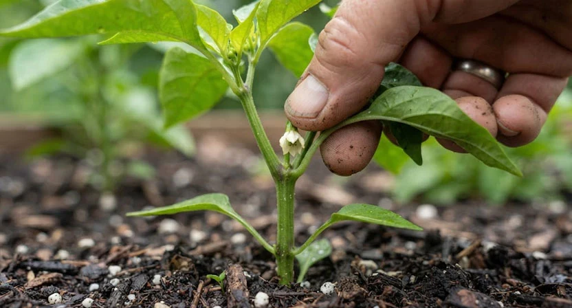 Zwei Finger kneifen die erste Blüte aus der Gabel heraus, in der sich eine junge Paprikapflanze in zwei Haupttriebe teilt, die Gabel ist deutlich sichtbar