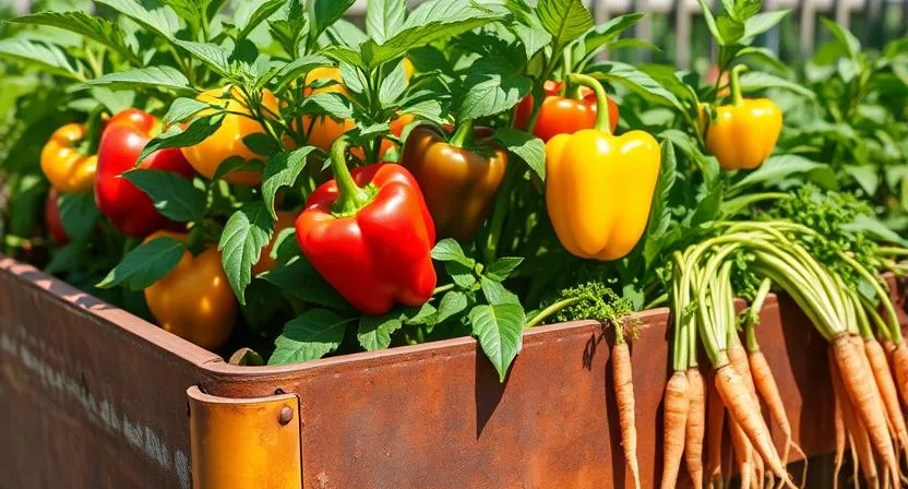 Bunte Paprika wachsen an gesunden Pflanzen in einem Hochbeet, umgeben von zartem Petersiliengrün, mit Karottenspitzen im Hintergrund. Mischkultur für natürlichen Schädlingsschutz und effiziente Raumnutzung, sonniger Tag.