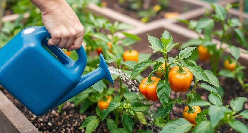 Eine Person gießt Paprikapflanzen in einem Hochbeet mit einer Gießkanne oder einem Gartenschlauch. Dies zeigt die regelmäßige Bewässerung.