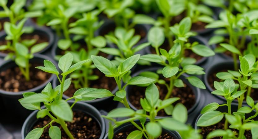 Junge Paprika- oder Chilisaatpflanzen in kleinen Töpfen oder Anzuchtschalen, bereit, ins Beet gepflanzt zu werden. Sie zeigen gesunde grüne Blätter und kompakt gewachsenen Wuchs.