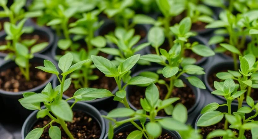Junge Paprika- oder Chilisaatpflanzen in kleinen Töpfen oder Anzuchtschalen, bereit, ins Beet gepflanzt zu werden. Sie zeigen gesunde grüne Blätter und kompakt gewachsenen Wuchs.