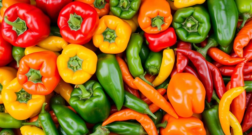 Eine bunte Auswahl verschiedener Paprika- und Chilischoten (rot, gelb, grün, orange, in unterschiedlichen Formen) ist zusammen arrangiert und zeigt die Vielfalt der Sorten.