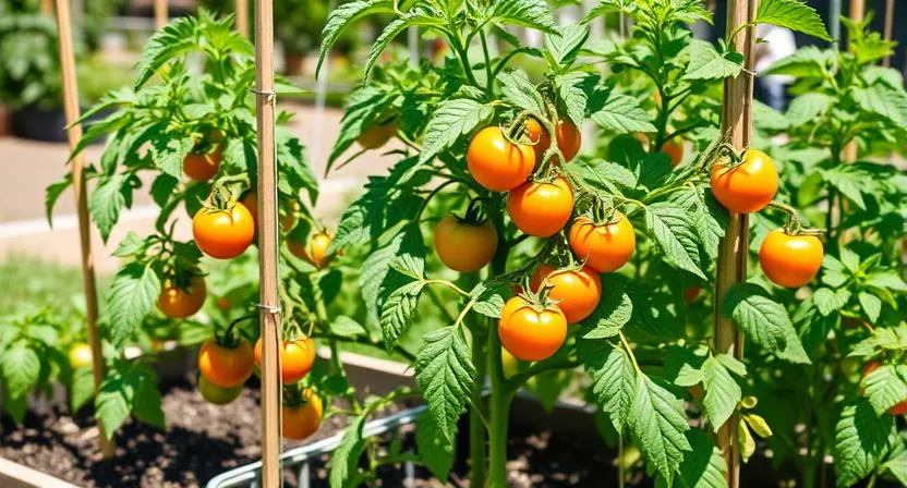 Tomatenpflanzen wachsen in einem Hochbeet, unterstützt von Stäben und Käfigen. Gesundes Wachstum, sonniger Tag, mittlere Aufnahme.