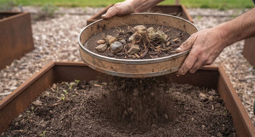 Hände schütteln ein Gartensieb über einem Hochbeet, feine krümelige Erde fällt durch, Steine und Holzstückchen bleiben im Sieb zurück