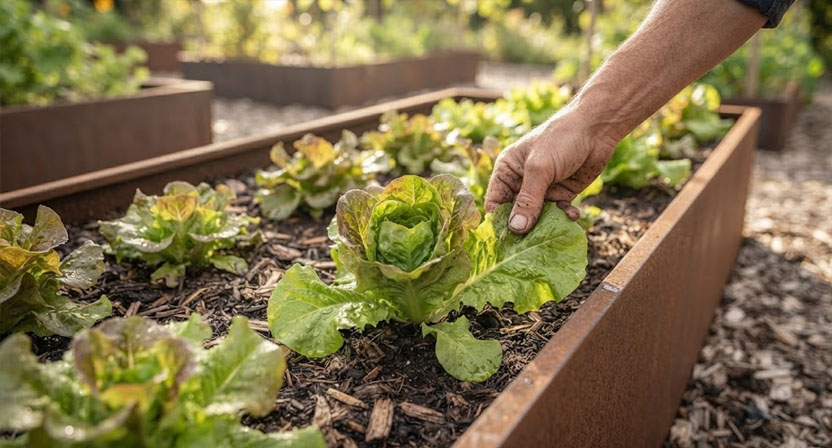 Eine Hand pflückt einzelne äußere Blätter eines Pflücksalats in einem Cortenstahl-Hochbeet, das Herz der Pflanze bleibt unangetastet und wächst weiter