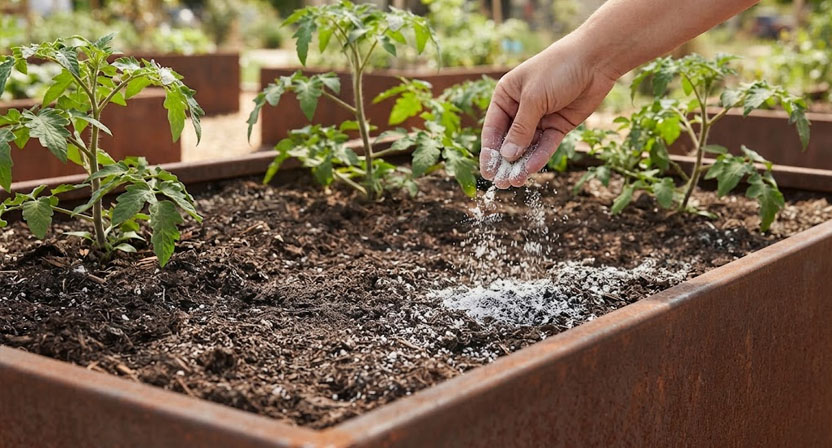 Gartenkalk wird mit der Hand gleichmäßig über die Erdoberfläche eines Hochbeetes gestreut
