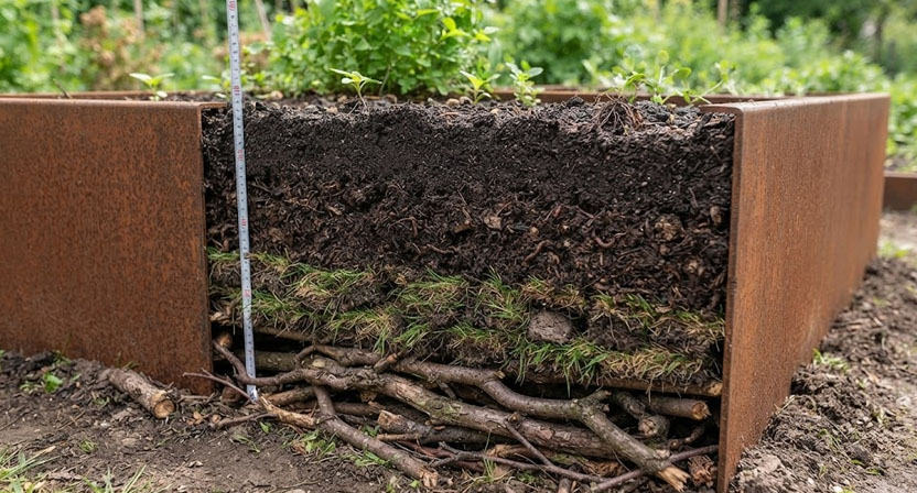 Ein Querschnitt der Füllschichten eines frisch befüllten Hochbeetes zeigt Astwerk, Rasensoden, Kompost und obenauf reife Erde