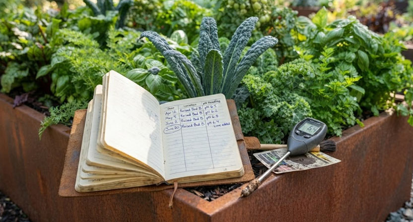 Ein aufgeschlagenes Gartenheft mit handschriftlich notierten pH-Messwerten und Datumsangaben liegt neben einem Bodentester auf einer Hochbeetkante