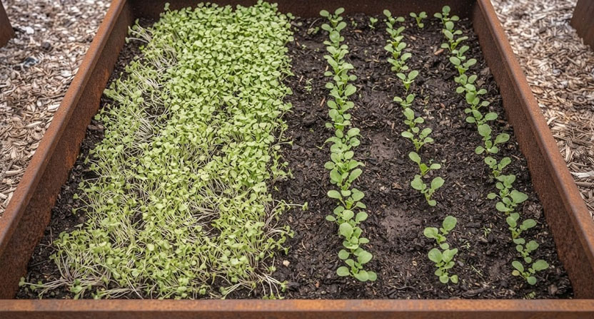 Zwei benachbarte Radieschenreihen in einem Cortenstahl-Hochbeet: links viel zu dicht gesät und dünn aufgeschossen, rechts richtig vereinzelt mit gleichmäßigen Abständen