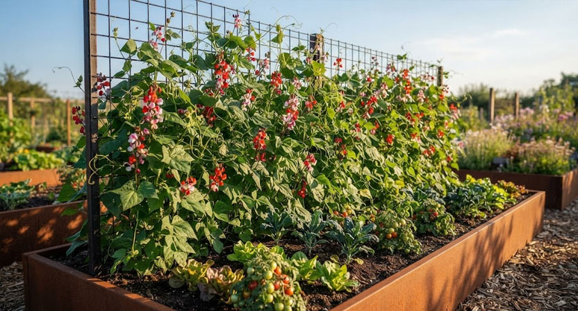 Hohes Rankgitter an der Nordseite eines Cortenstahl-Hochbeets, dicht bewachsen mit blühenden Stangenbohnen, davor niedrigeres Gemüse im Beet
