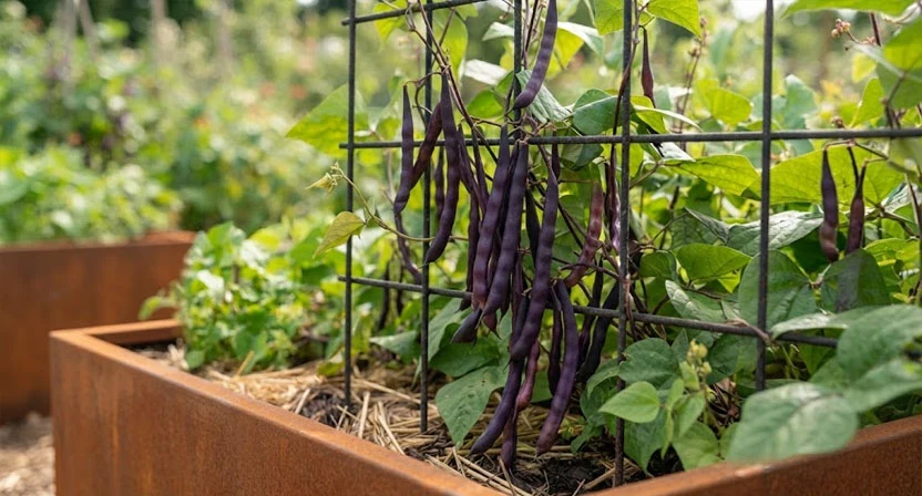 Nahaufnahme violetter Bohnenhülsen an einem Metallrankgitter über einem Hochbeet, umgeben von grünem Blattwerk