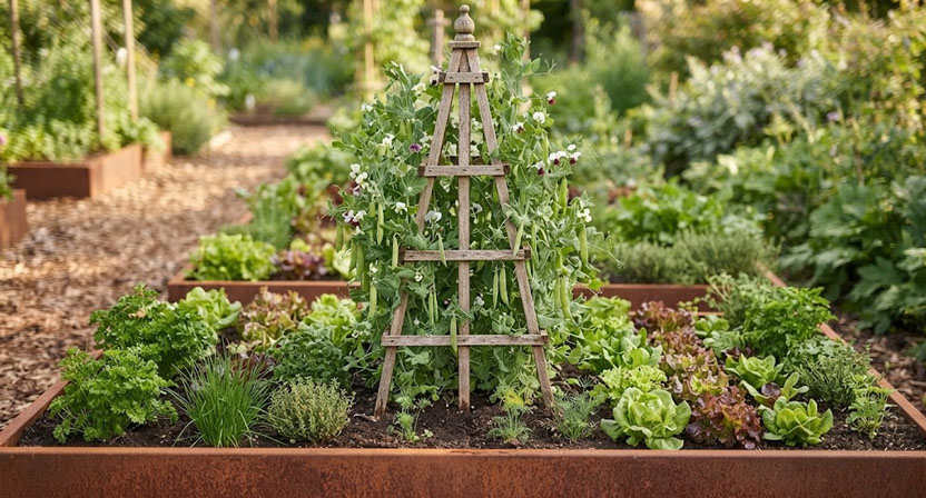 Ein pyramidenförmiges Rankgestell aus Holz mitten in einem Cortenstahl-Hochbeet, Erbsen ranken an allen vier Seiten hoch, Salat und Kräuter am Fuß