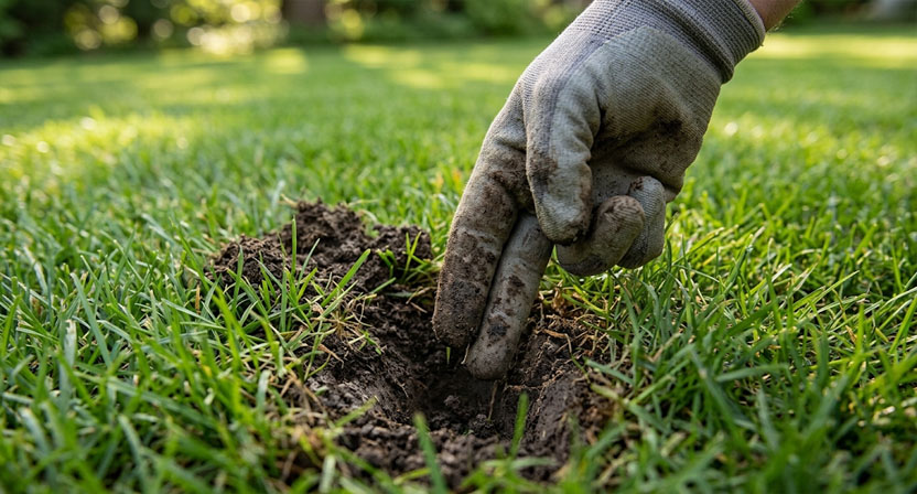 Eine Hand steckt zwei Finger in eine kleine Öffnung im Rasenboden, um die Bodenfeuchte in mehreren Zentimetern Tiefe zu prüfen