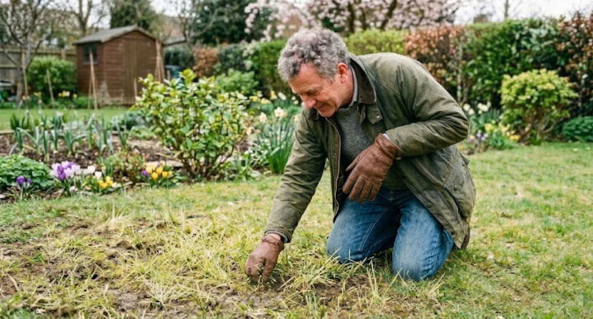 Ein Gartenbesitzer kniet an einer noch etwas blassen Rasenfläche im Frühjahr und begutachtet mit der Hand den Zustand der Grasnarbe zwischen vereinzelten Grashalmen